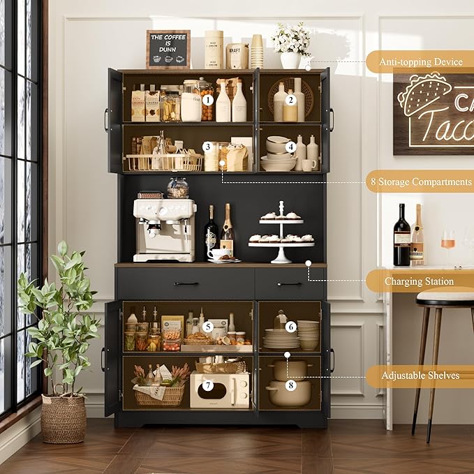 HOSTACK 71"H Kitchen Pantry Storage Cabinet, Farmhouse Hutch Cabinet, Black | Space-Saving Pantry Cabinet with Charging Station & 2 Large Drawers & Adjustable Shelves, Tall Kitchen Hutch for Dining Room