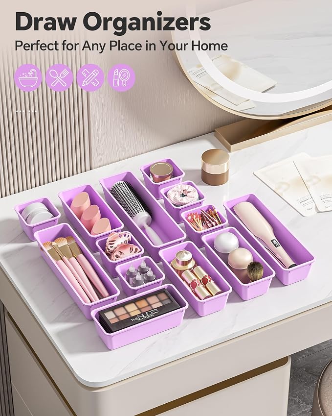 Canfanni 13 Pack Plastic Drawer Organizers Set, 3 Sizes Desk Drawer Organizer Trays for Vanity and Makeup Organizer, Organization and Storage for Makeup, Kitchen Utensils, Bathroom and Office(Purple)