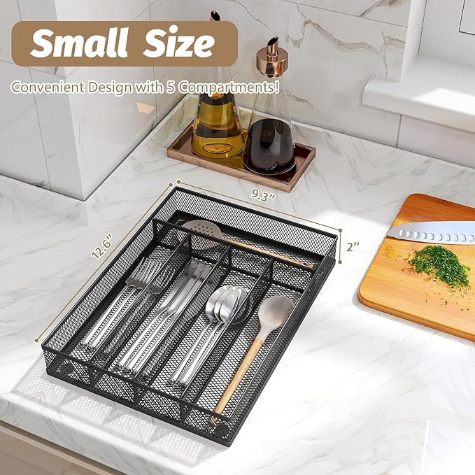 Sedegn mesh silverware tray for drawer: 5 Compartments for Easy Sorting | Sized at 9.3" x 12.6" for kitchen drawers with non-slip feet, metal mesh design for easy cleaning, organizing flatware Black