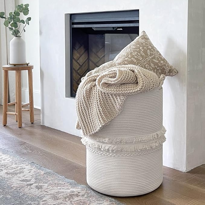 CherryNow 70L Woven Rope Laundry Basket with Tassel, 16" x 22", White | Tall Storage Basket for Blankets, Clothes & Towels, Fits Living Room Décor, Decorative Laundry Hamper with Knotted Handles