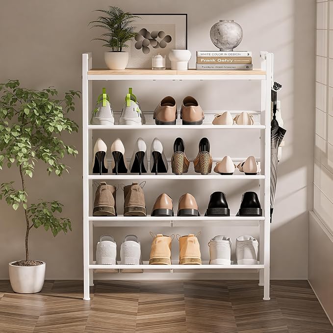 5 Tier Shoe Rack, Shoe Rack for Entryway with Hook, Shoe Organizer with Adjustable Mesh Shelves, Metal Shoe Storage, Closet, Bedroom Living Room Garage
