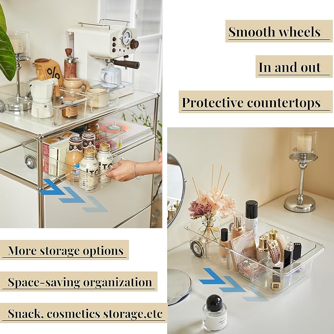 Roll-Out Refrigerator Organizers and Storage, 2 Pack Drawer Fridge Bins | Silicone Wheels, Adjustable Dividers, Thick Clear PET, Built-In Handle, for Fridge, Pantry, Bathroom & Kitchen Organization