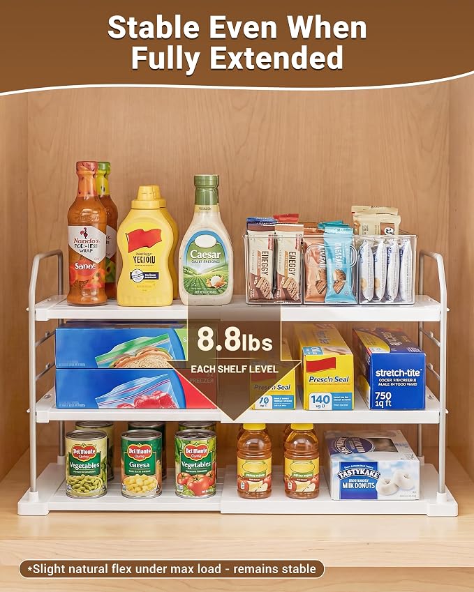 EVERIE Extendable 3-Tier Kitchen Cabinet & Pantry Organizer for Plastic Wrap, Foil & Storage Bags, Adjustable Heavy Duty Shelf Rack for Wrap Boxes, Jars & Snack Boxes (11–16.7 in Wide), Pack of 2