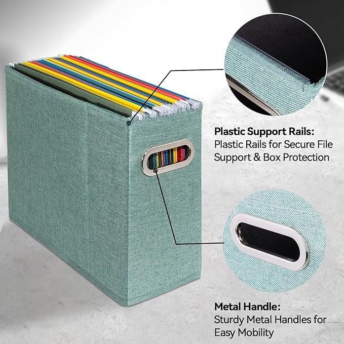 2 Packs Letter Size File Organizer, File Folders Organizer, Fabric Storage Box, Collapsible Paper Organizer with Metal Handle, Smooth PVC Rails, Only Box (Green)