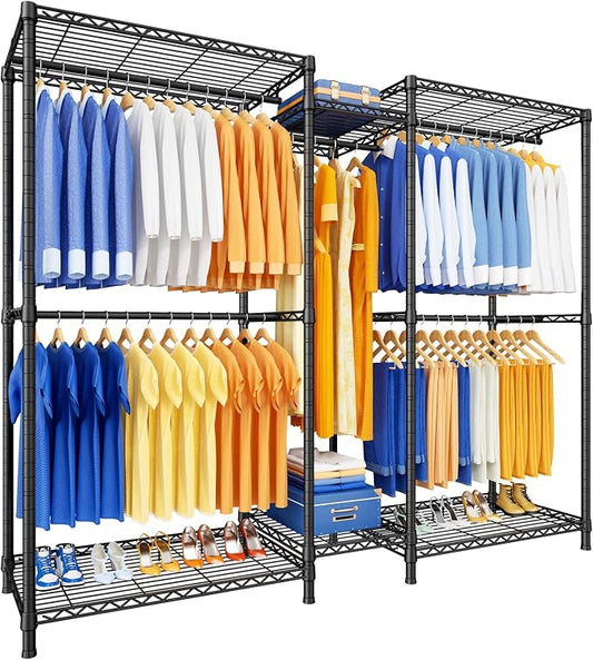 E12 Pro Clothes Rack，Heavy Duty Freestanding Garment Rack with Shelves，Metal Clothing Closet Storage System for Hanging Clothes，71" W x 16" D x 76.5" H, Hold 960 lbs，Black
