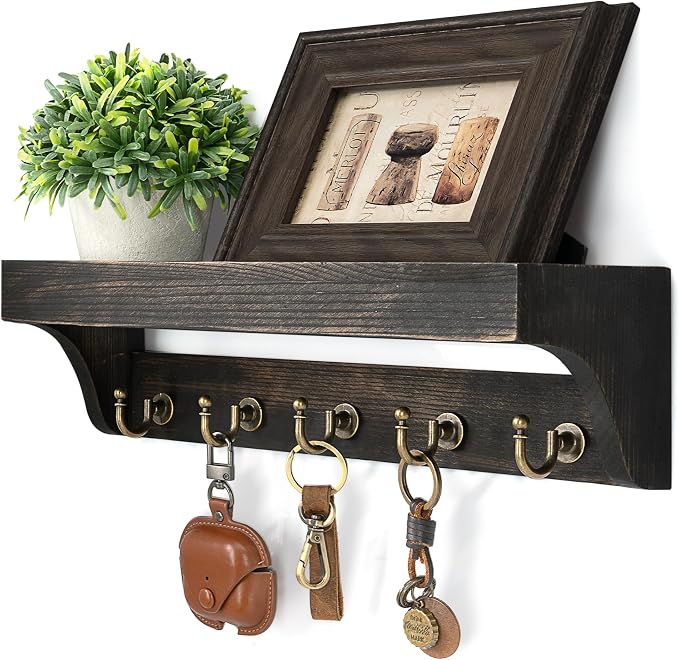 Rebee Vision Key Holder Wall Mount with Shelf for Entryway,Distressed Black | Pine Wood, Key Holder for Wall, Holds Keys and Leashes, Stylish Home and Apartment Organizer, Practical Everyday Storage