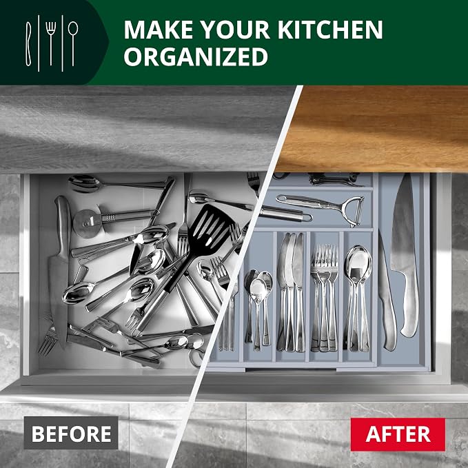 ROYAL CRAFT WOOD Luxury Bamboo Kitchen Drawer Organizer - Silverware Organizer - Utensil Holder and Cutlery Tray with Grooved Drawer Dividers for Flatware and Kitchen Utensils (9 Slot, Gray)