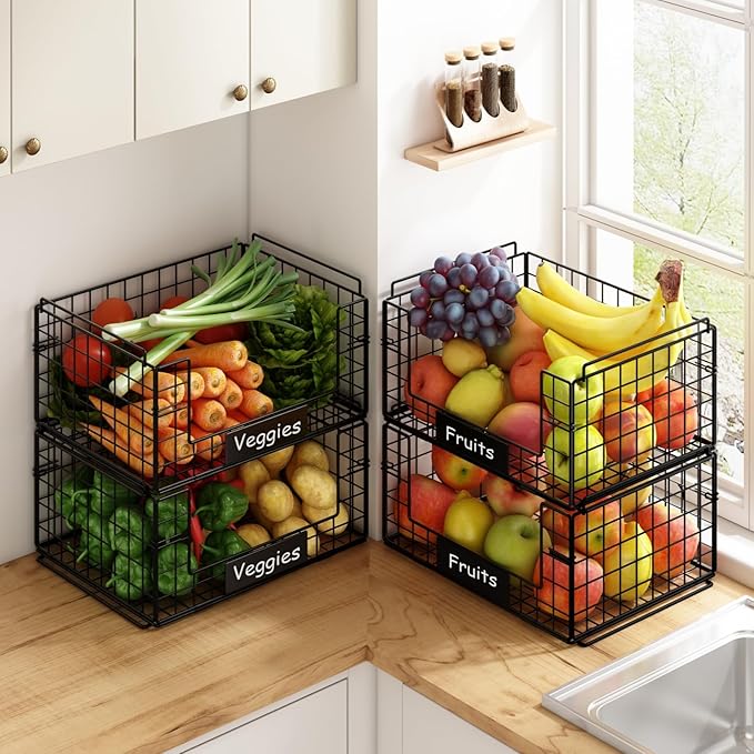 JKsmart 4 Pack XXL Stackable Wire Baskets for Pantry Organizers and Storage | Vegetable and Fruit Basket with Name Plates & Handles, Kitchen Pantry Organizer for Snack Can Fruit Veggies