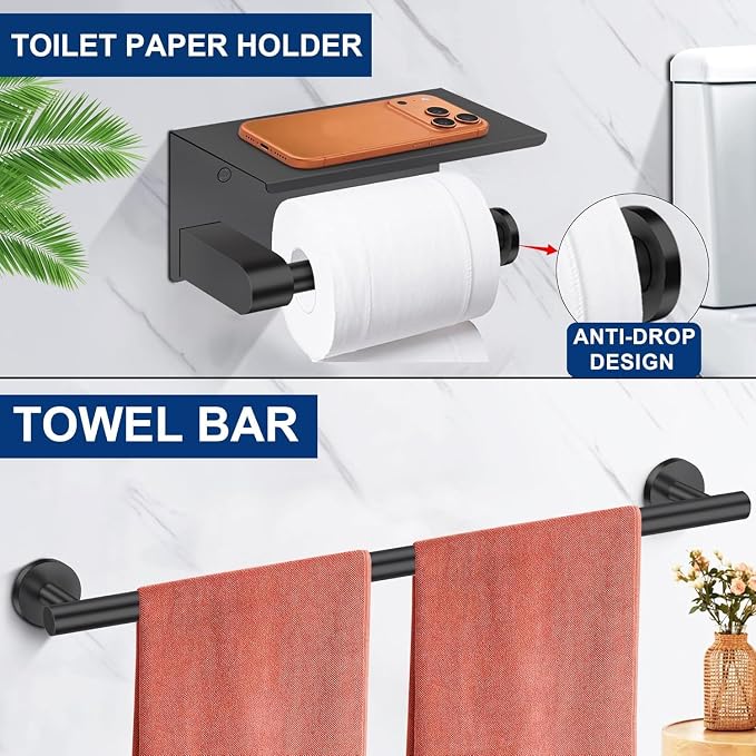 5 Pieces Matte Black Bathroom Hardware Accessories Set,24 Inch SUS304 Stainless Steel Bath Towel Holder Set, Round Bathroom Towel Bar Set, Towel Racks for Bathroom Wall Mounted