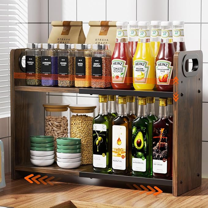 2-Tier Expandable Spice Rack Organizer for Countertop, 10.6"-17.3" | Metal & Wood ,Adjustable Height Spice Racks Shelf for Counter Cabinet Coffee Station, Space-saving Kitchen Storage Shelves