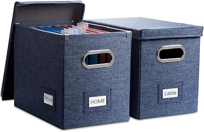 File Organizer Box - Set of 2 Collapsible Decorative Linen Filing Storage Hanging File Folders with Lids Office Cabinet Letter Size Navy Blue (14x9.3x10.8 inch)