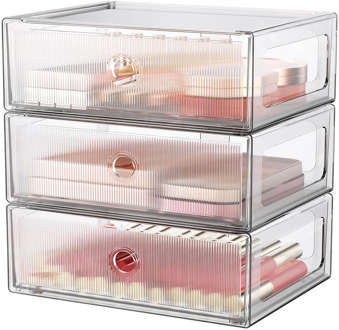 3 Tier Clear Makeup Drawer, PET Cosmetic Storage Organizer for Dresser, Countertop & Bathroom Vanity, Holders for Lipstick, Brushes, Skincare & Beauty Supplies