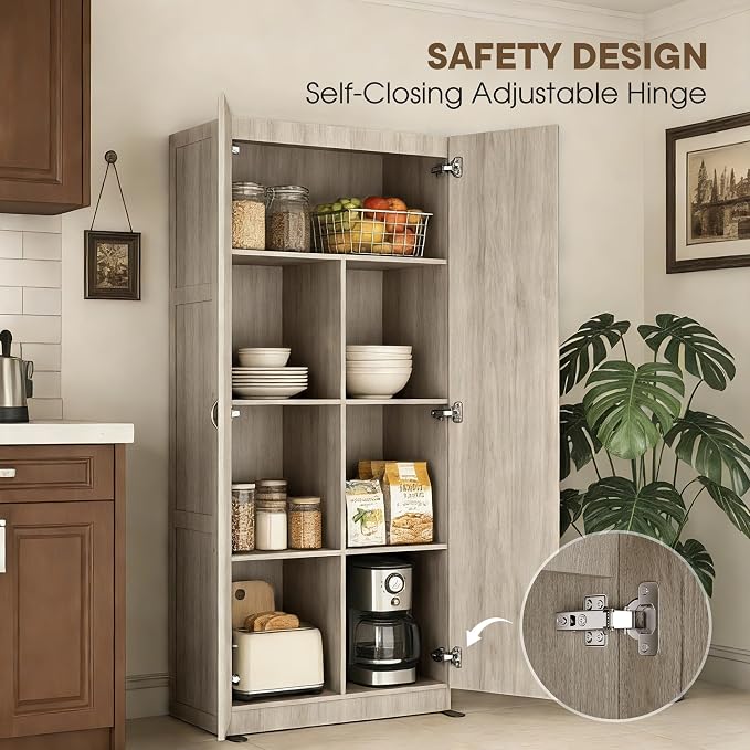 DUMOS Tall Storage Cabinet with Doors and Shelves, Kitchen Pantry Cabinet | 71'' Wood Storage Freestanding Wooden Cabinets for Bedroom, Pantry, Home Office, Dining Room & Living Room, Grey