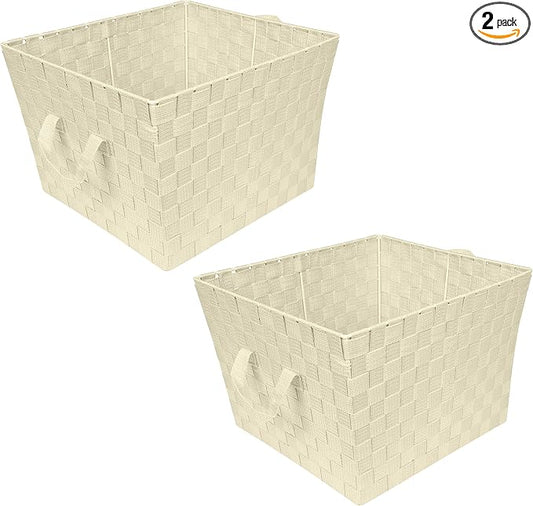Simplify Large Woven Strap Tote | Decorative Storage Basket | 2 Handles | Organization | Closet | Bedroom | Bathroom | Nursery | Accessories | Toys | Gifts | 2 Pack | Ivory