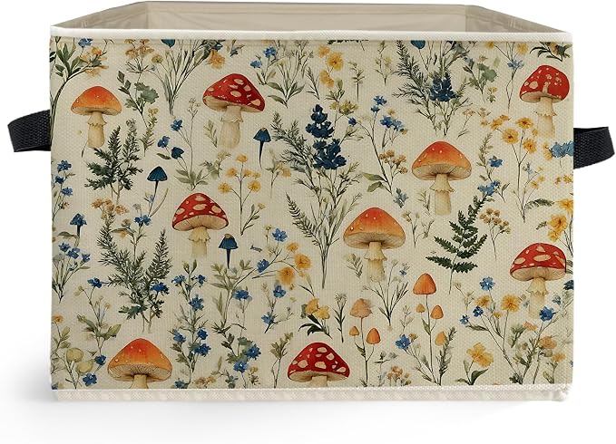 Rustic Mushroom Storage Box Bins, Cottagecore Wildflower Botanical Mushroom Collapsible Storage Basket Organizer for Bedroom Laundry Room Home Clothes Books, Decor for Room