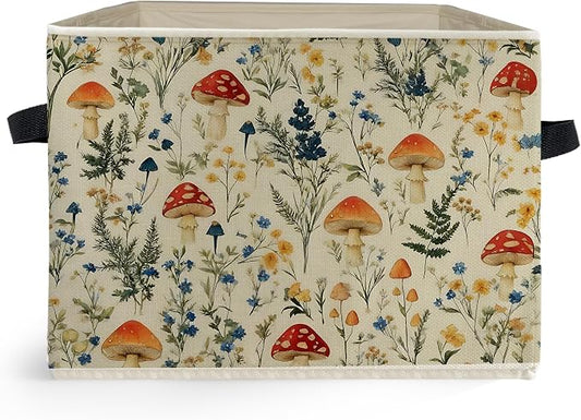 Rustic Mushroom Storage Box Bins, Cottagecore Wildflower Botanical Mushroom Collapsible Storage Basket Organizer for Bedroom Laundry Room Home Clothes Books, Decor for Room