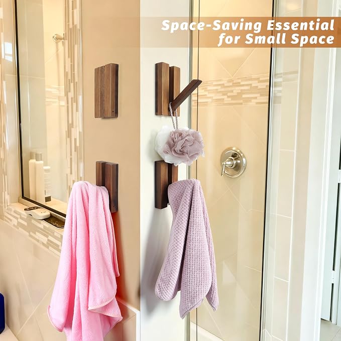 Wood Wall Hooks for Bathroom: 4Pack Foldable Rustic Decor Hangers | Heavy Duty Coat Hooks for Hanging Towels Backpack Jacket - Space Saving Minimalist Design for Aesthetic Homeowners