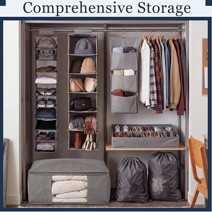 7 Pcs Dorm Storage Organizer Set College Dorm Room with Hanging Closet Organizer Under Bed Shoe Organizers Comforter Storages Bag Laundry Bags Non Woven Storage for Back to School