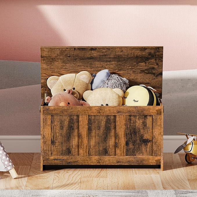 HOOBRO Storage Bench, 29.5" Retro Wooden Storage Chest, Wooden Storage Trunk, Toy Chest with Lift Top, Multifunctional Entryway Organizer, for Entryway, Living Room, Rustic Brown FG751CW01G1