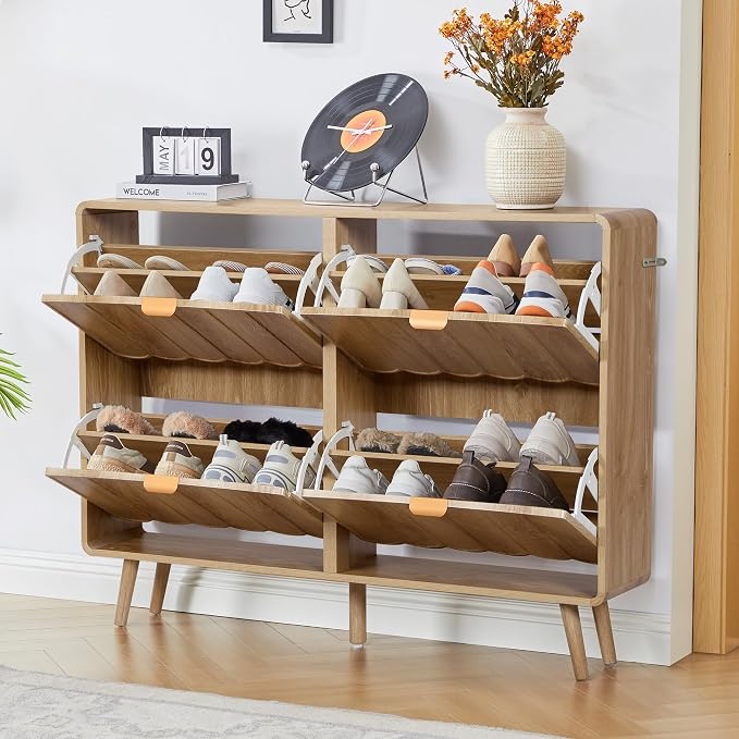 Shoe Storage Cabinet for Entryway with 4 Flip Drawers, Freestanding Narrow Wood Shoe Cabinet with Wave Panel, Hidden Shoe Organizer for Foyer, Hallway (Natural)