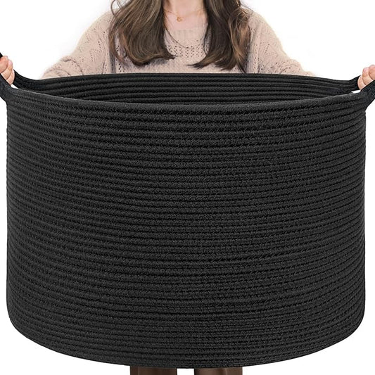 INDRESSME XXXLarge Woven Rope Blanket Basket Living Room Black, 90L | 21.7" x 13.8" Storage baskets for toys laundry & pillows. Fits living room, bedroom or nursery décor. Soft-touch with handles