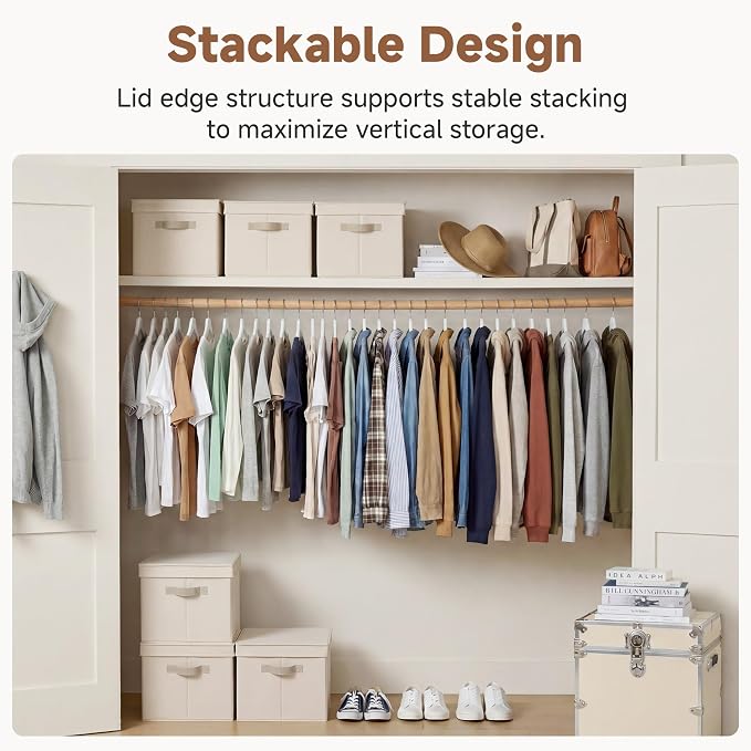 StorageWorks Fabric Storage Bins with Lids, Decorative Storage Bins with PU Handles, Foldable Storage Baskets for Closet, Shelves, Stackable and Sturdy Organization, Beige(Cotton Linen), Jumbo, 3-Pack