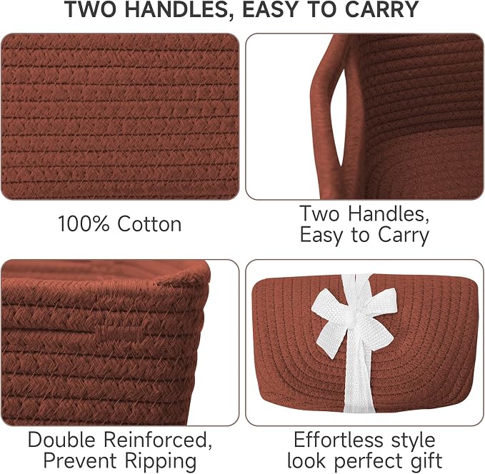 3-Pack Shelf Baskets for Organizing, Closet Organizer Bins, Small Woven Baskets, Rope Toy Basket, Storage Basket for Shelves, Cube Decorative Box, 11.8×7.8×5.1”, Oxide Red