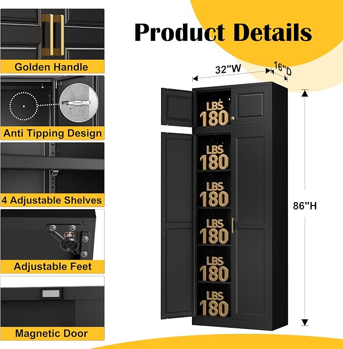Steeloong 86"Metal Pantry Storage Cabinet with Doors & 4 Adjustable Shelves | Kitchen Pantry Cabinet,Black Kitchen Cabinet with 4 Gold Handles,Tall Cabinet for Livingroom,Pantry, Bathroom,Kitchen,Garage