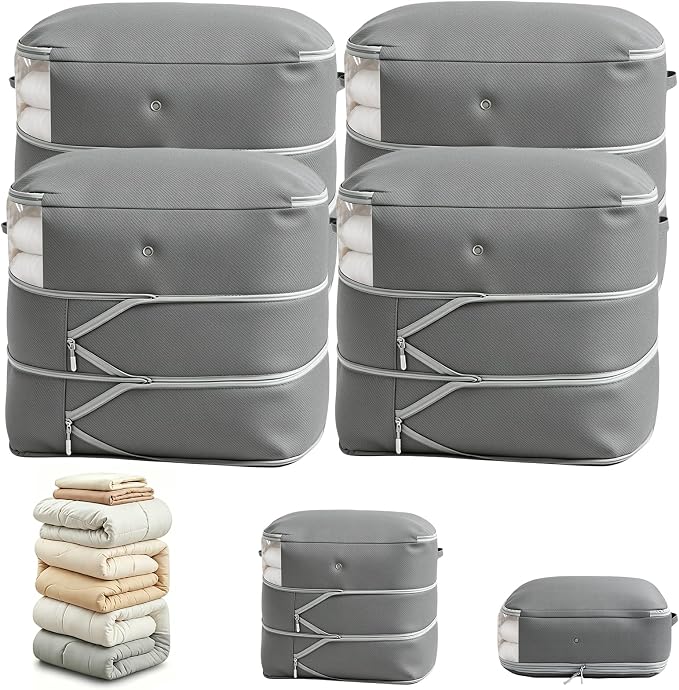 Comforter Storage Bag, Large Capacity Blanket Storage Bags 3-Layer Ultra Space Saving Self Compression Organizer, Heavy Duty Space Saver Organizer for Bedding, Clothes, Blanket, 4-Pack, Gray