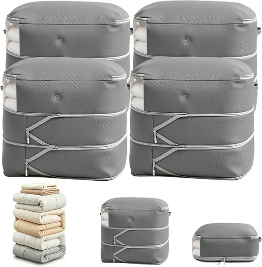 Comforter Storage Bag, Large Capacity Blanket Storage Bags 3-Layer Ultra Space Saving Self Compression Organizer, Heavy Duty Space Saver Organizer for Bedding, Clothes, Blanket, 4-Pack, Gray