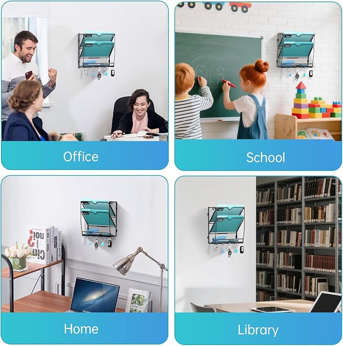 Wall File Organizer - Hanging File Organizer with 5 Hooks, Mail Holder Wall Mounted for Papers, Folders, Magazines, Bills, 3 Tier Office&School Organization, Black