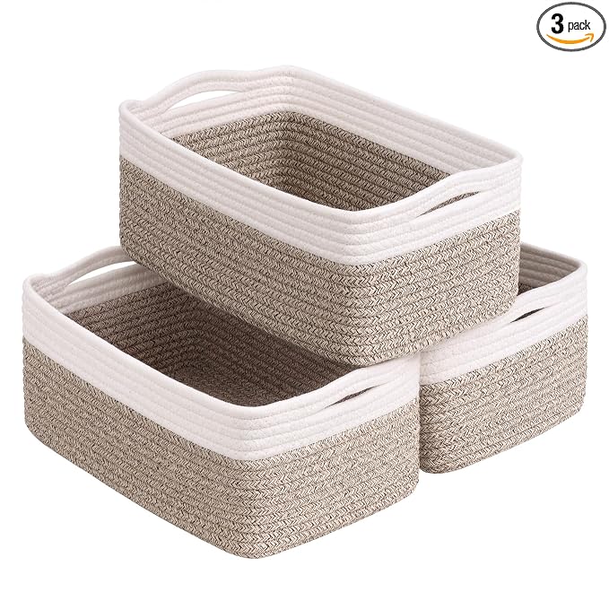 Goodpick 3-Pack Rope Storage Baskets for Gifts, 13 x 8 x 5 in | Empty Baskets for Shelves, Dog Toy Basket, Closet Baskets for Organizing, Empty Baskets for Gifts, White & Light Brown