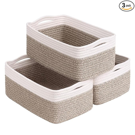 Goodpick 3-Pack Rope Storage Baskets for Gifts, 13 x 8 x 5 in | Empty Baskets for Shelves, Dog Toy Basket, Closet Baskets for Organizing, Empty Baskets for Gifts, White & Light Brown