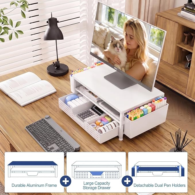 OPNICE Desk Organizers and Accessories, Computer Monitor Stand Riser with Drawer and 2 Pen Holders, Printer & Laptop Stand, Office Desk Accessories & Workspace Organizers for Home Office Supplies, White
