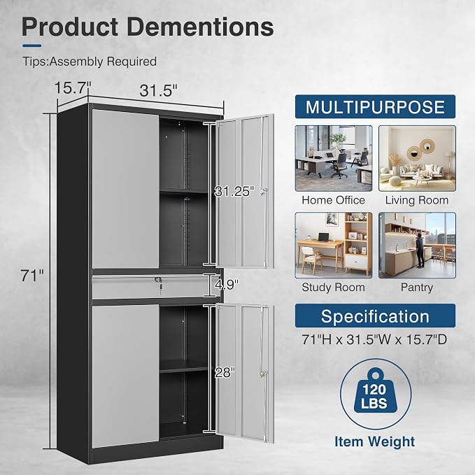 Metal Storage Cabinet with Lock, 71" Tall Garage Storage Cabinets with Doors and Shelves, Lockable Tool Cabinet for Home Office, Garage, Pantry