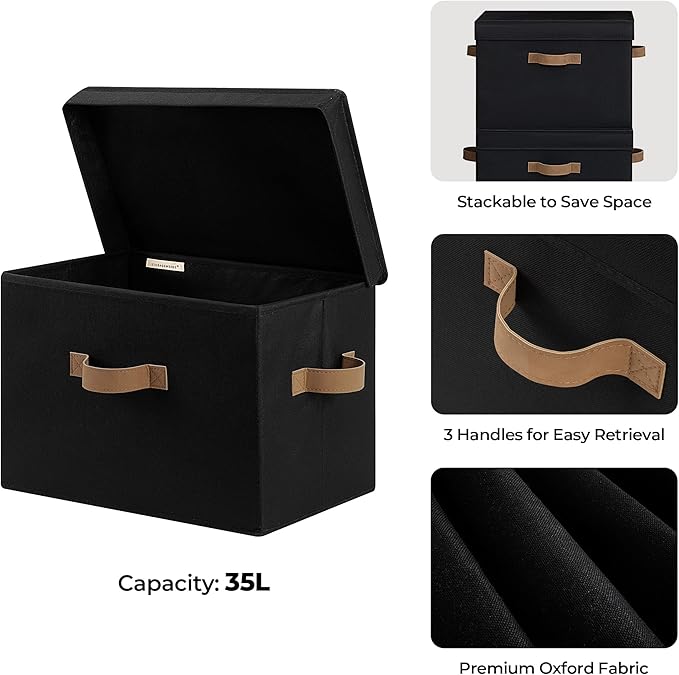 StorageWorks Fabric Storage Bins with Lids, Large Closet Storage Bins | Flip-Top Lid, 3 Handles, Collapsible, Stackable, for Clothes Blankets, Multi-Purpose, Jumbo, Black, 2-Pack