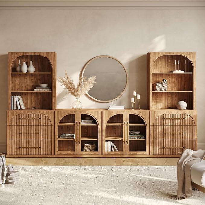 BELLEZE 6-Piece Modular TV Stand Set - 2 Sideboards with Drawers, 2 Arched Glass Door Sideboards, 2 Hutch Cabinets, Classic Modern Media Console with Adjustable Shelves for Living Room (Camel)