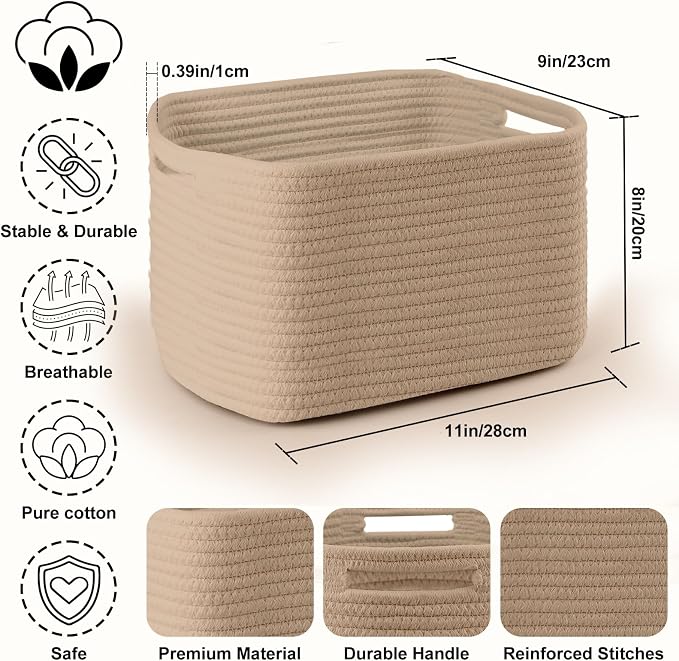 4 Pack Storage Baskets for Organizing, 11''Lx9''Wx8''H Woven Baskets for Storage Toys, Towels, Books, and Clothes, Cotton Rope Basket for Shelves with Handle