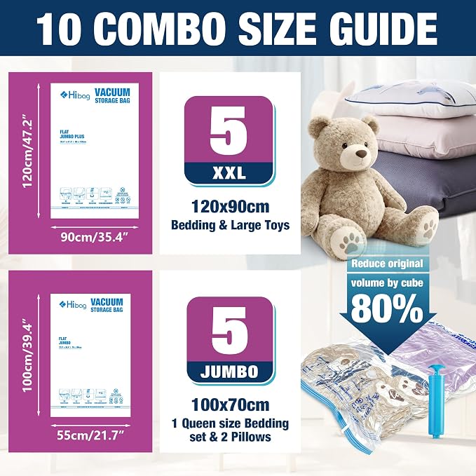 Vacuum Storage Bags Jumbo and XXL, Extra Large Vacuum Seal Bags for Bedding Blankets Comforters Clothing (5J+5XXL)