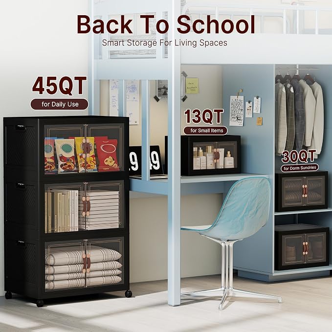 UAMFURI Stackable Storage Bins with Lids, 720QT Lockable Storage Cabinet | Foldable Storage Box with Doors and Wheels, Plastic Drawers for Home, Garage, Office (4, Black, Extra Large)