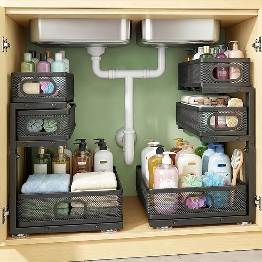 Under Sink Organizer, 2-Pack 3-tier Under Sink Storage Organizer Adjustable Height Easy Assembly Pull Out Cabinet Organizers Basket for Bathroom Kitchen Pantry Home Organization