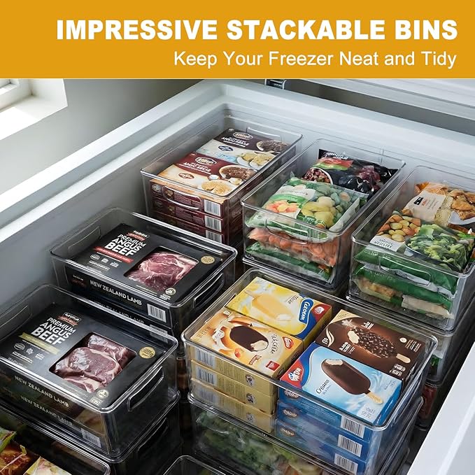 Hudgan 8 Pack Freezer Organizer Bins,Stackable,Clear Bins for Fridge,Pantry | Straight Side, 3 Sizes, 2 XL Storage Container, 3 Large Cabinet Organizer, 3 Medium Storage Drawer