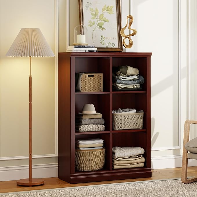 3 Tiers 6 Cube Storage Organizer Bookcase, 30 inch Width Wooden Book Shelf | 6 Storage Cube Adjustable Space Book Case, Vertical Bookshelf Display Cabinet Organizer for Home Library Office, Mahogany