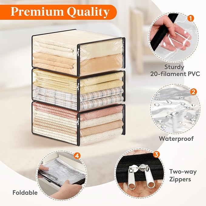 Lifewit 36L Clear Sheet Storage Bags with Zipper 8 Pack, Plastic Sweater Storage Bins for Clothing, Vinyl Foldable Clothes Containers Organizers for Closet, Blankets, Bedding 17.7 x 15.7 x 7.9 Inch