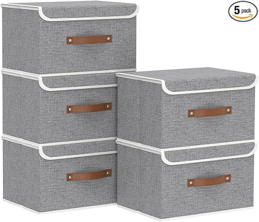 Yawinhe Collapsible Storage Bins,Grey,13.0x9.0x7.9in,5-Pack | Fabric Storage Box with Lids, Washable Cube Organizer Basket; Fabric Container with Leather Handle,Closet Organizer for Home