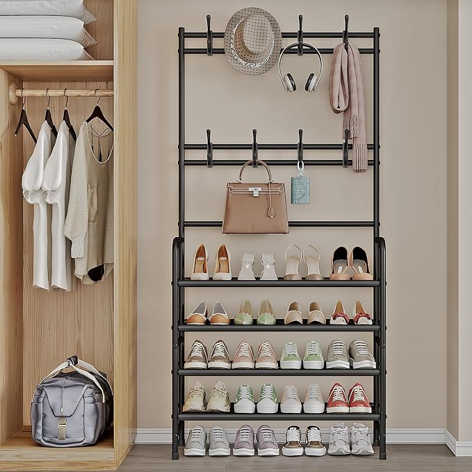 Coat Rack Shoe Rack With Storage Hooks Standing Organizer 4 Tier | Metal Freestanding Hall Tree for Clothes Hats bag Scarves Space Saving Design for Entryway Bedroom living Closet Office,Black