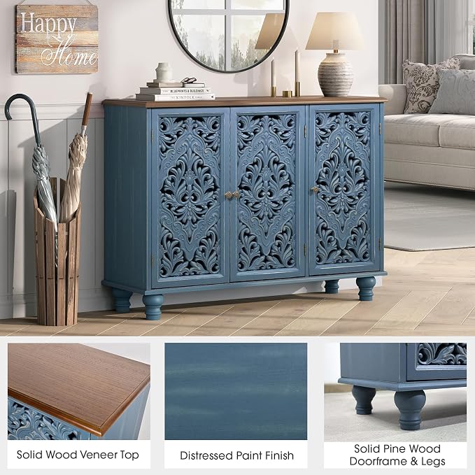 JOINICE 42.5" Accent Storage Cabinet with 3 Carved Doors,Blue & Walnut | Versatile Storage for Living Room & Dining Room & Bedroom & TV Stand, Solid Wood Legs, Farmhouse/Rustic Style, Easy Assembly