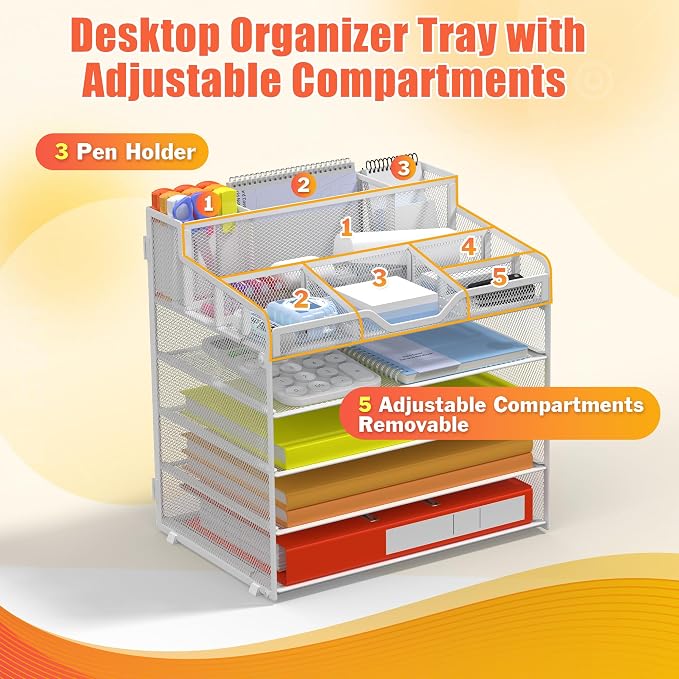 Docnest 5 Tier Mesh Desk Organizer with Letter Tray & Paper Sorter, White | Features 3 built-in pen holders & 5 adjustable compartments on top. Includes 4 non-slip rubber feet for desk protection