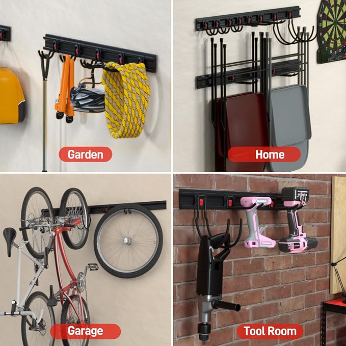 WORKPRO 64" Garage Tool Organizer Wall Mount with 8 Adjustable Hooks | Garage Organization, Garden Tool Rack System, 4 Rails, Hanging, Storage, Universal Installation, PVC material