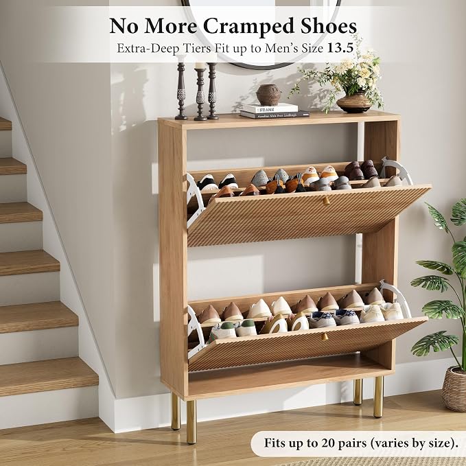 Shoe Storage Cabinet for Entryway - Ultra Slim Shoe Cabinet with Tiered Fluted Design - Modern Shoe Organizer for Entryway with Gold Legs, Hidden Shoe Rack for Small Spaces, Fits Men's Size 13.5